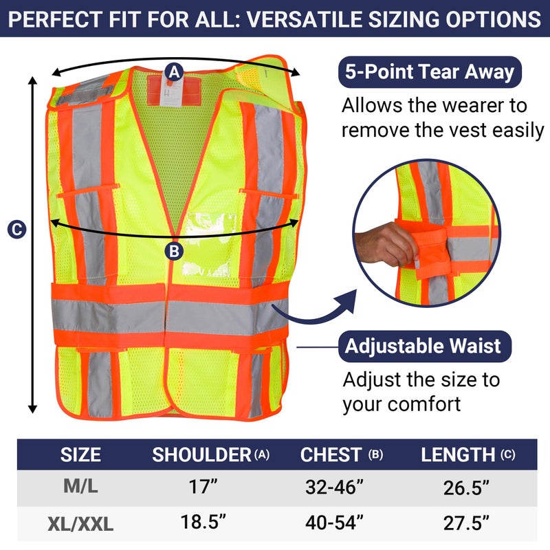 Dasher Products High Visibility Safety Vest â€“ ANSI Class 2 Breakaway Vest with 5 Pockets, Yellow with Adjustable Hook and Loop Closure, Hi Vis Breathable Mesh, Heavy Duty Work Wear for Men or Women, 3 Pack (XL/XXL) - Image 2